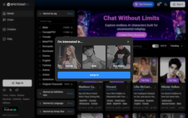 SpicyChat homepage preview